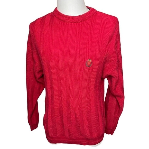 Ralph Lauren Chaps Vintage Sweater Mens Large Red Crest Herringbone Hand Framed - Picture 1 of 9